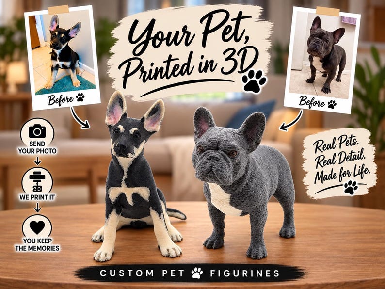 Custom 3D Printed Pet Figurine, Personalized Dog Statue, Memorial Keepsake Gift